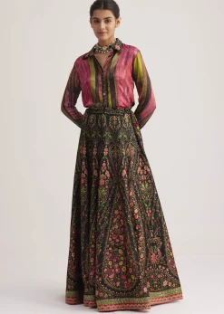 Black And Pink Silk Shirt And Skirt Set