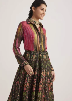 Black And Pink Silk Shirt And Skirt Set