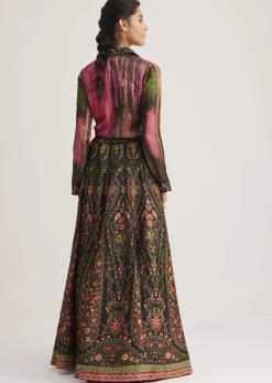 Black And Pink Silk Shirt And Skirt Set