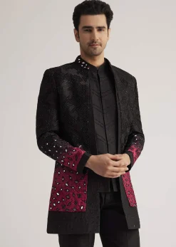 Black And Red Silk Jacket Set With Mirror And Thread Detailing