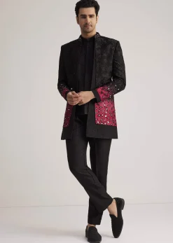 Black And Red Silk Jacket Set With Mirror And Thread Detailing