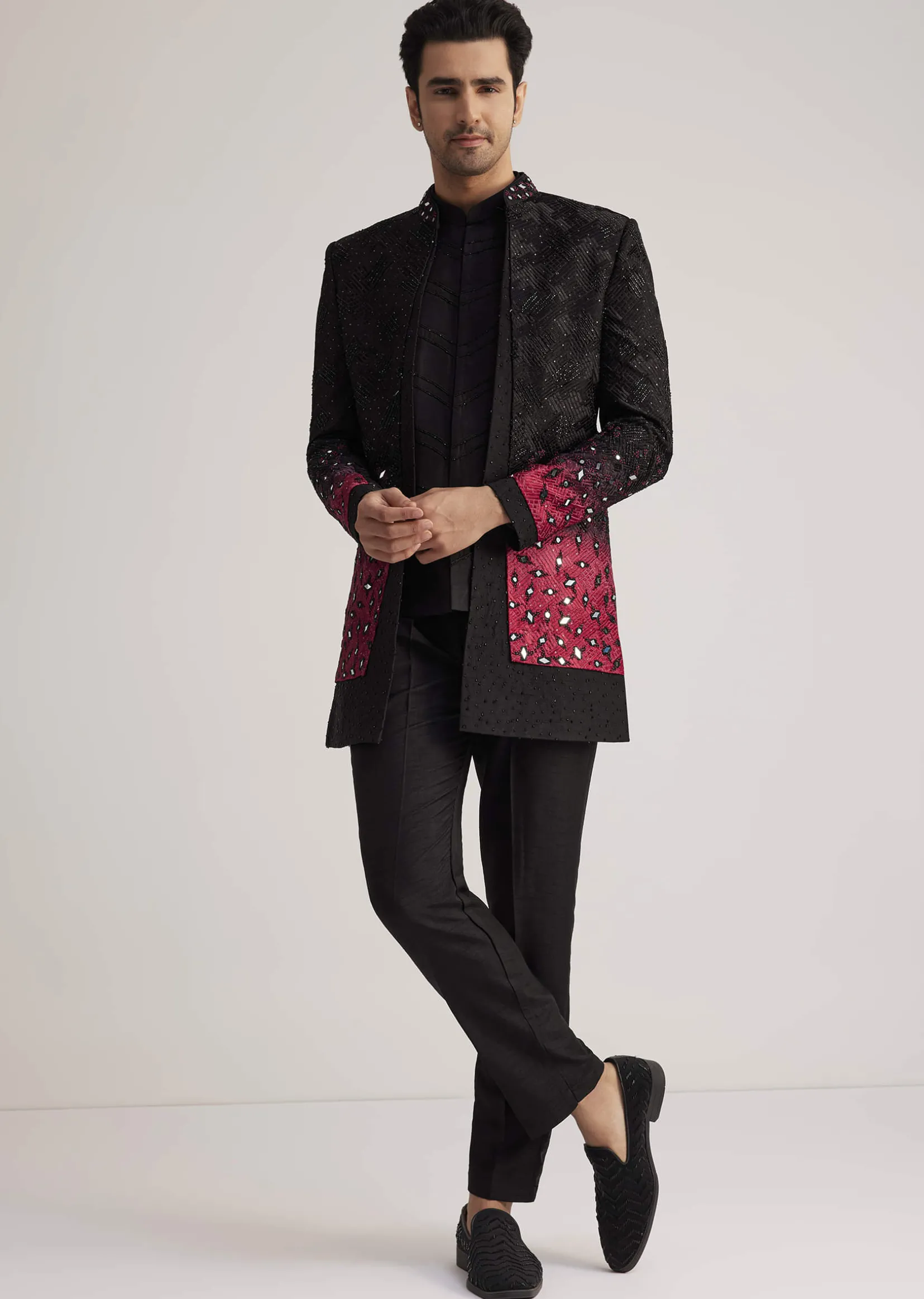 Black And Red Silk Jacket Set With Mirror And Thread Detailing
