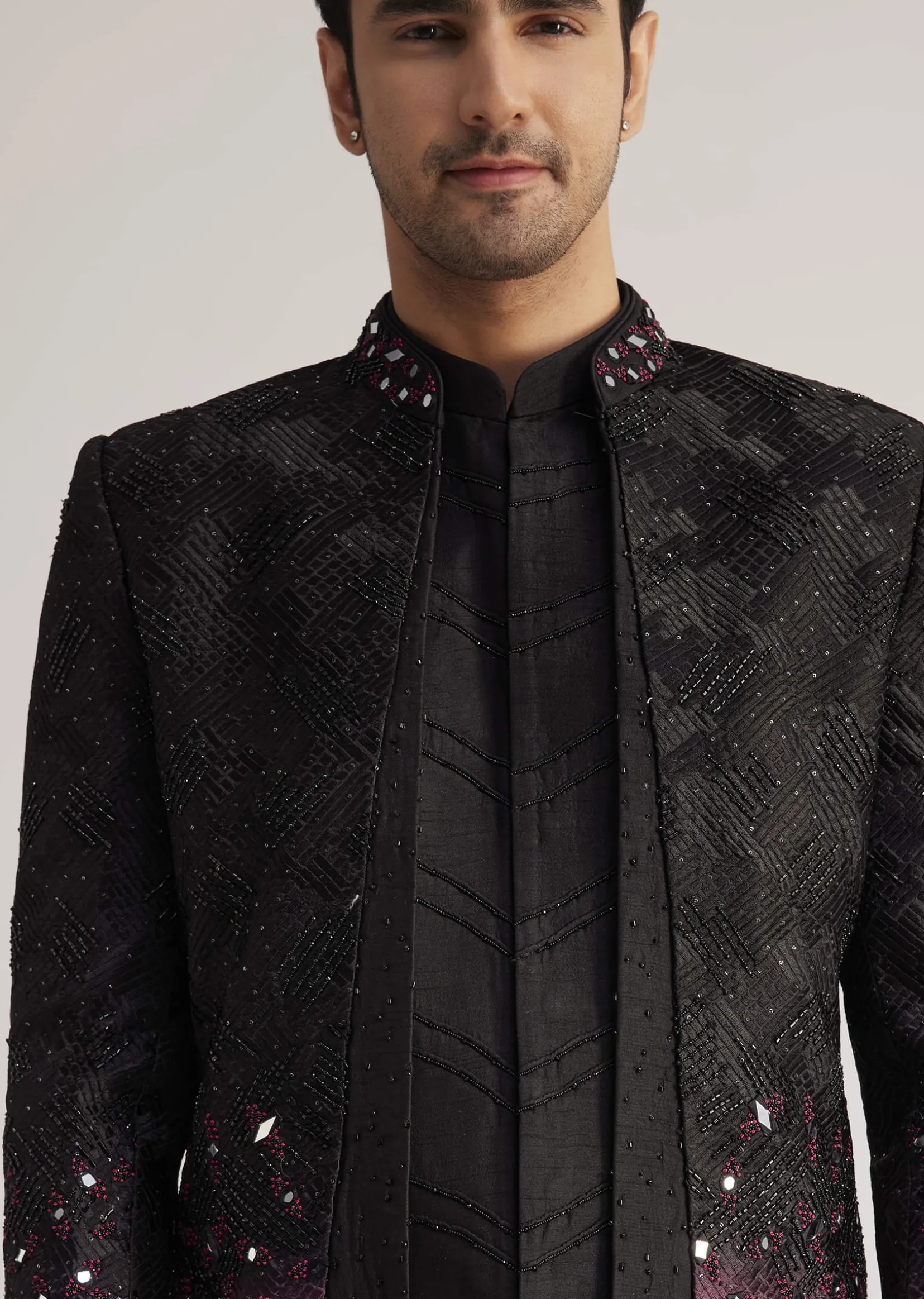 Black And Red Silk Jacket Set With Mirror And Thread Detailing