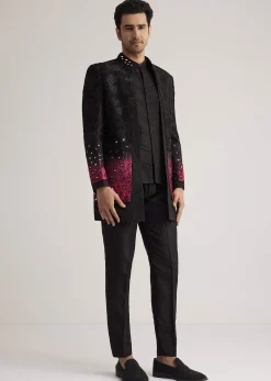 Black And Red Silk Jacket Set With Mirror And Thread Detailing