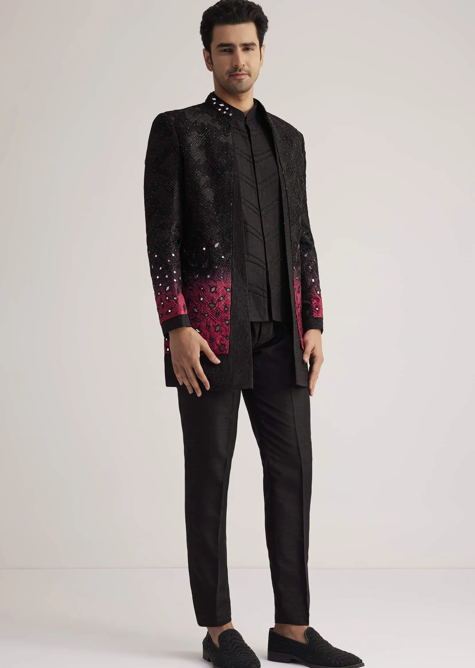 Black And Red Silk Jacket Set With Mirror And Thread Detailing