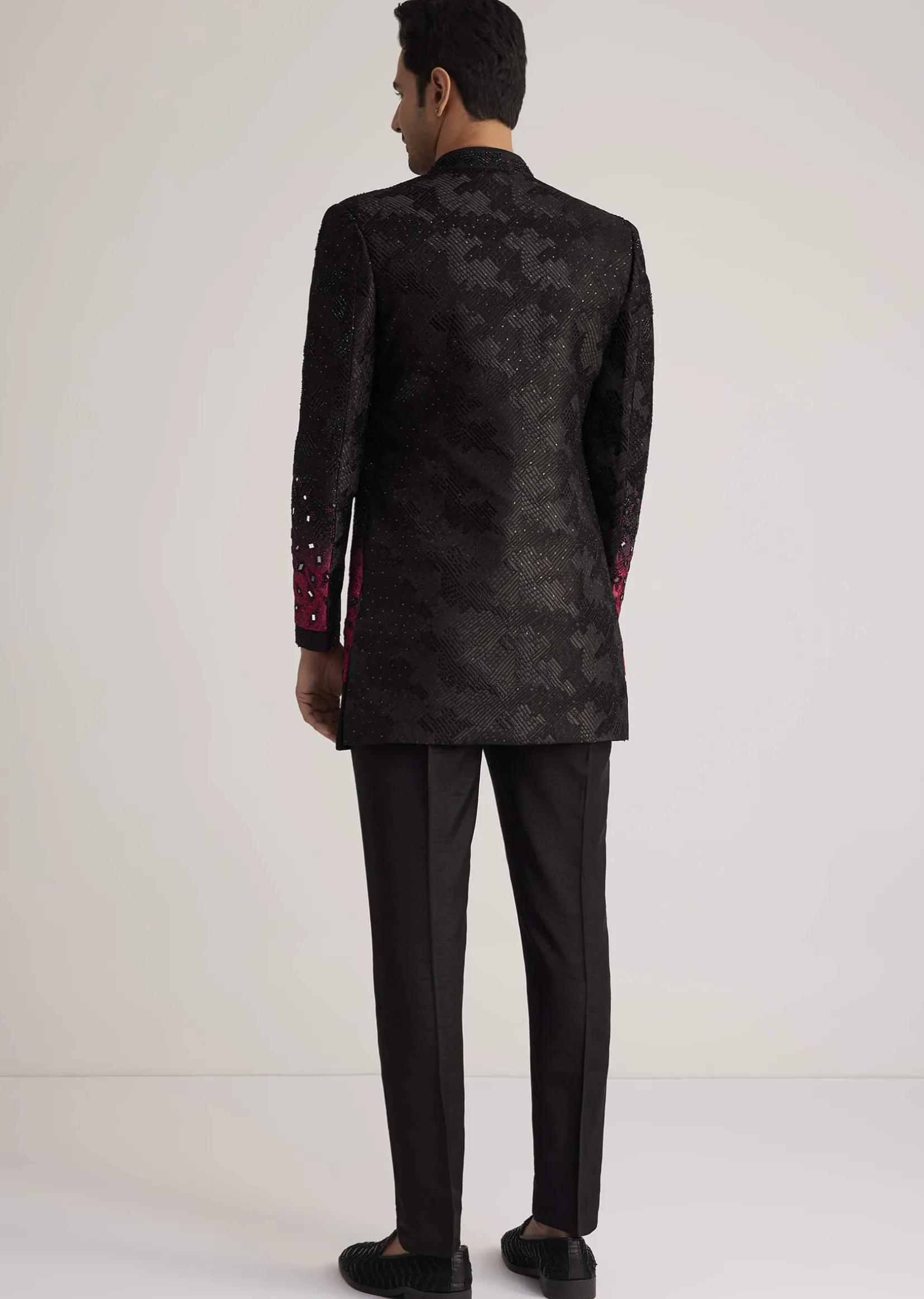Black And Red Silk Jacket Set With Mirror And Thread Detailing