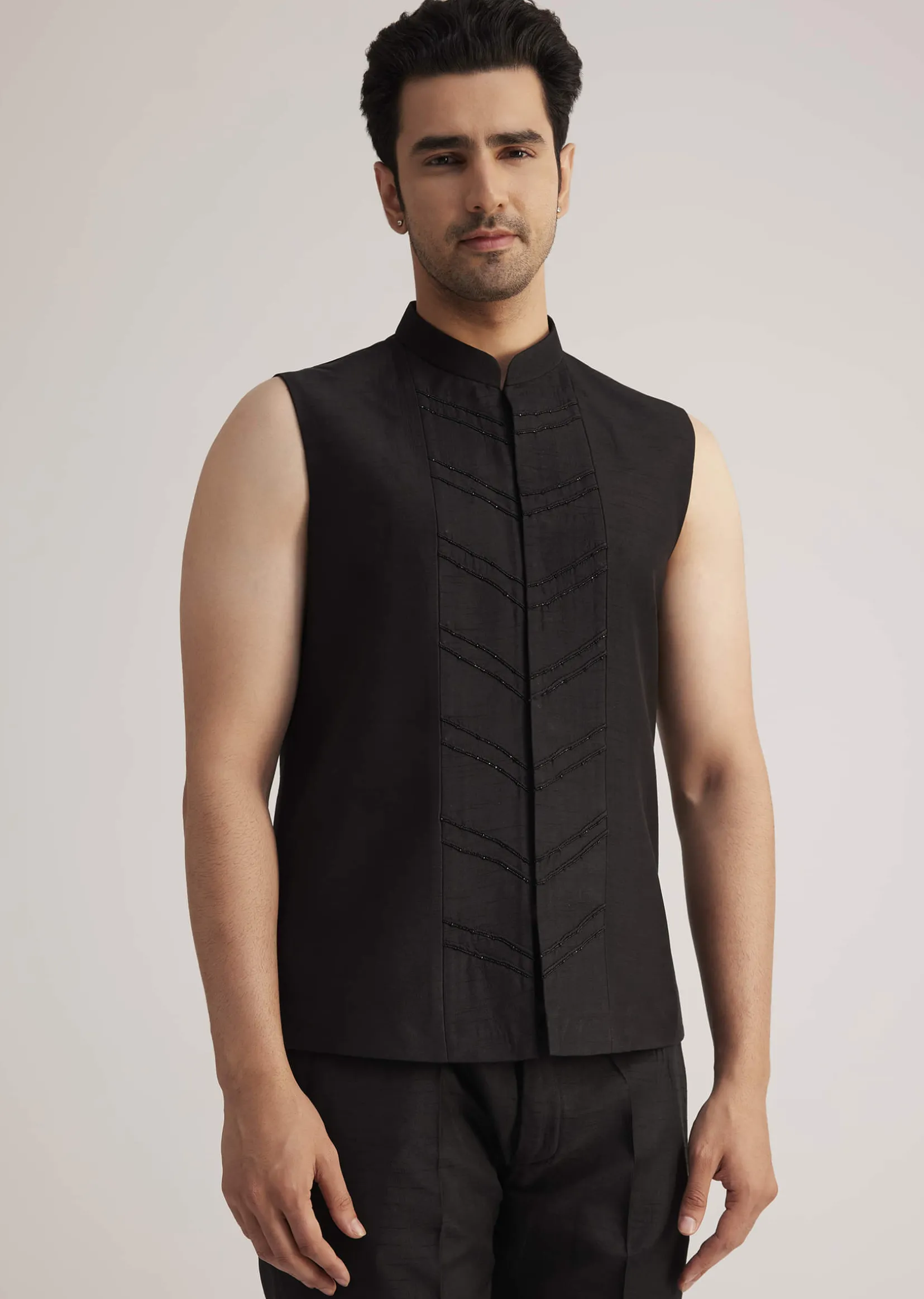 Black And Red Silk Jacket Set With Mirror And Thread Detailing