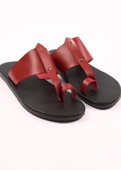 Black And Red Strappy Slides For Men In Leather With Buttons