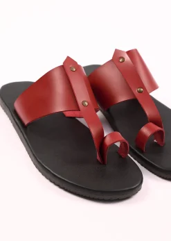 Black And Red Strappy Slides For Men In Leather With Buttons