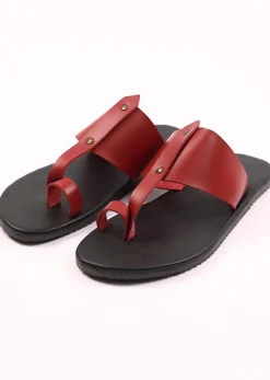 Black And Red Strappy Slides For Men In Leather With Buttons