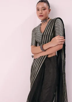 Black And Silver Half Striped Chanderi Saree And Stitched Blouse