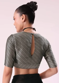 Black And Silver Half Striped Chanderi Saree And Stitched Blouse