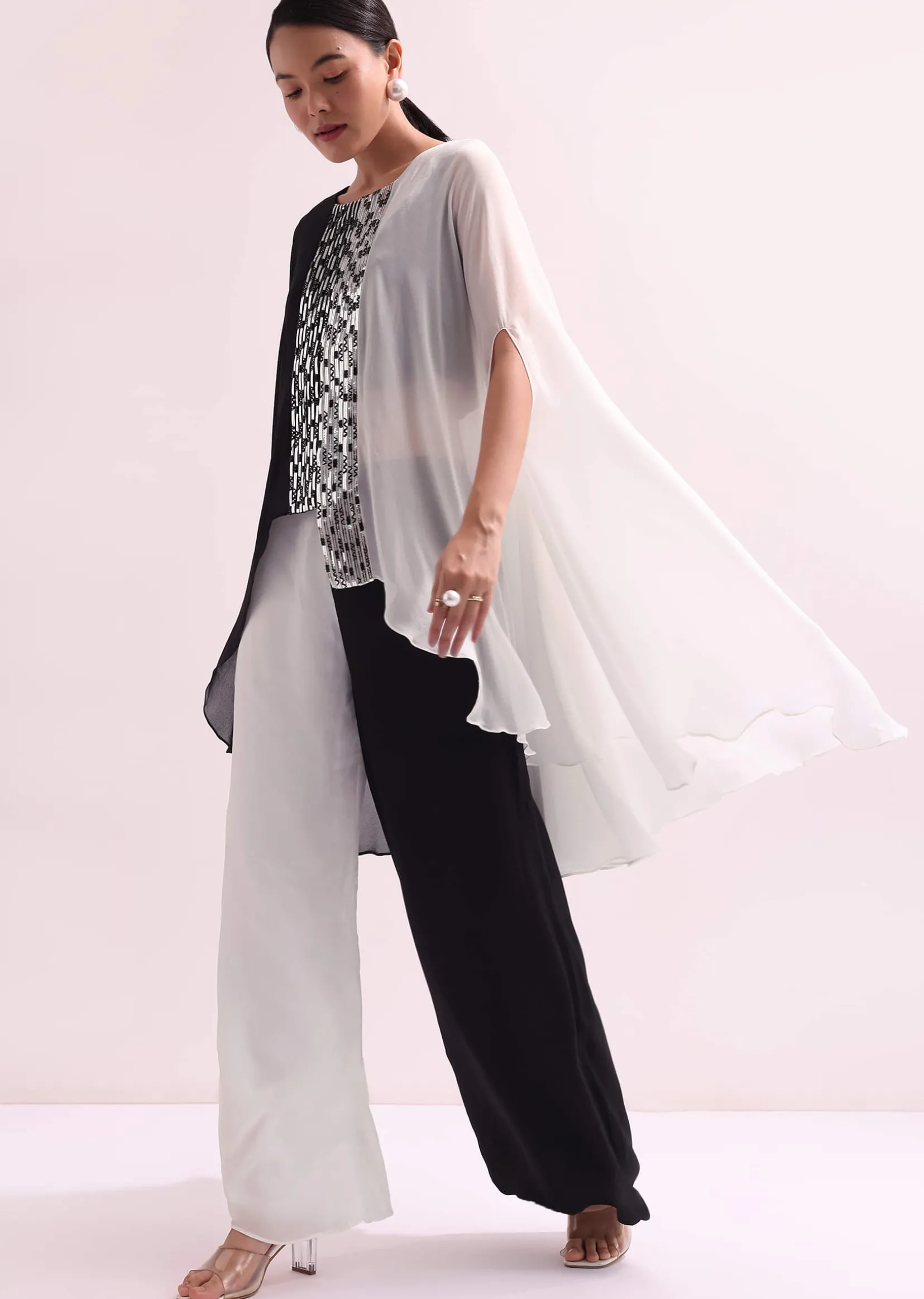 Black And White Embroidered Croptop And Palazzo Set