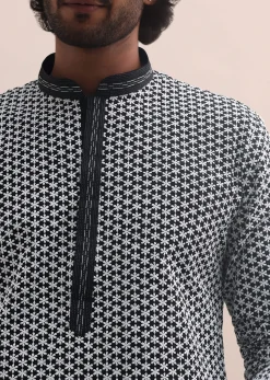 Black And White Lucknowi Cotton Kurta Set For Men