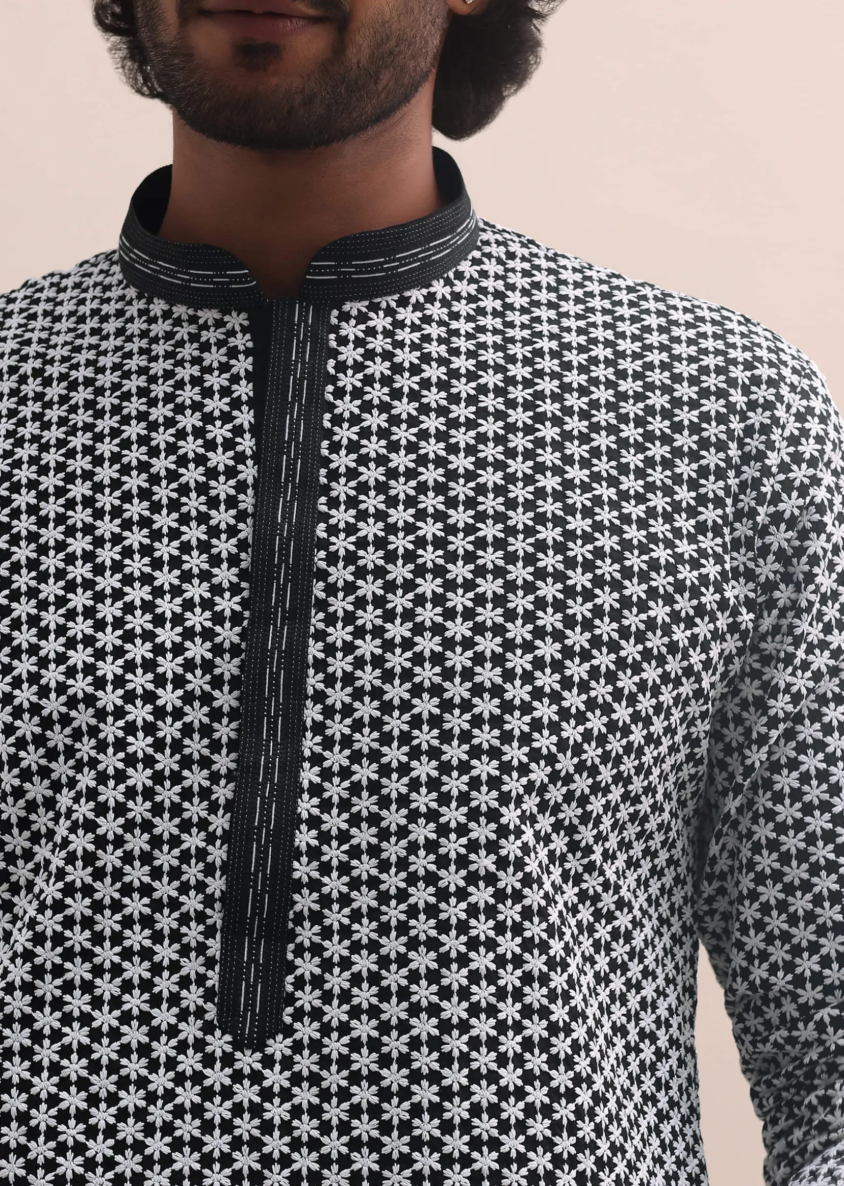 Black And White Lucknowi Cotton Kurta Set For Men