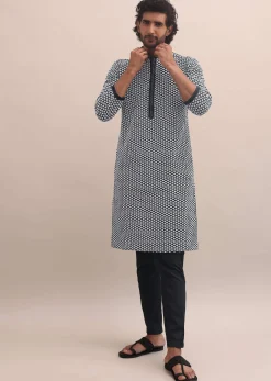 Black And White Lucknowi Cotton Kurta Set For Men