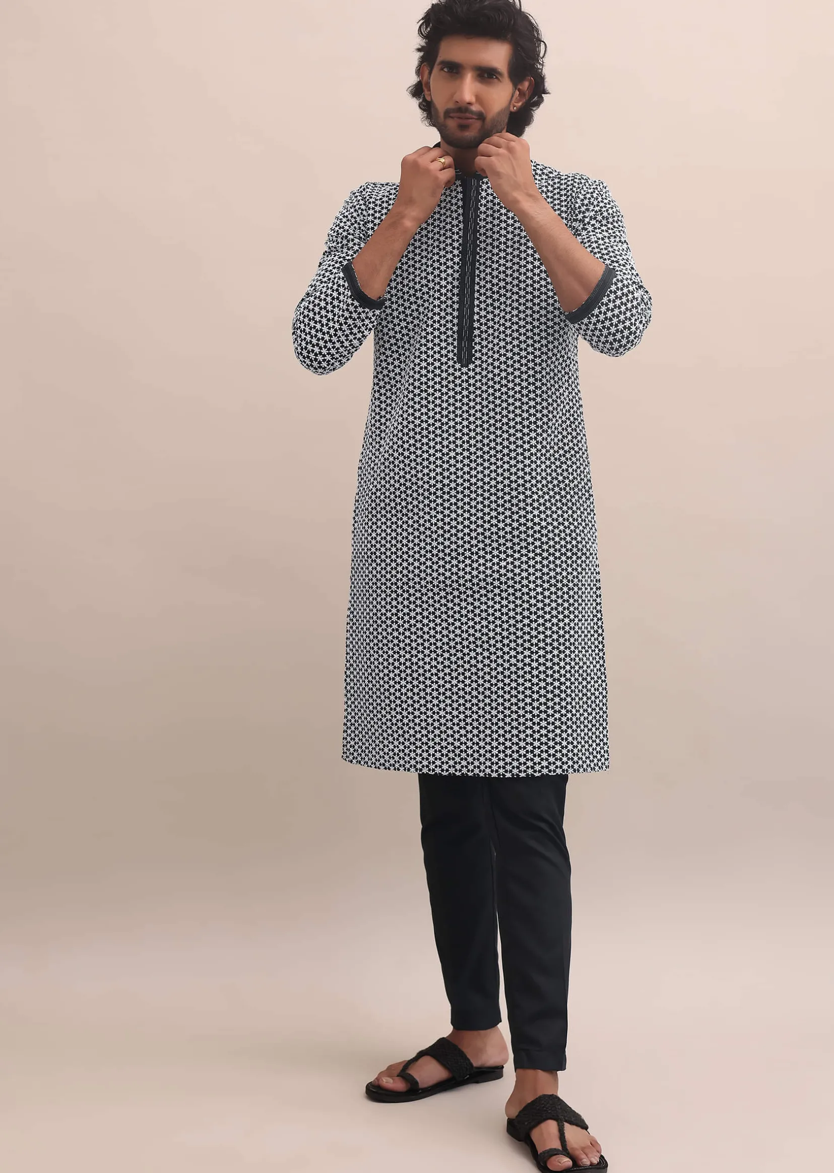 Black And White Lucknowi Cotton Kurta Set For Men