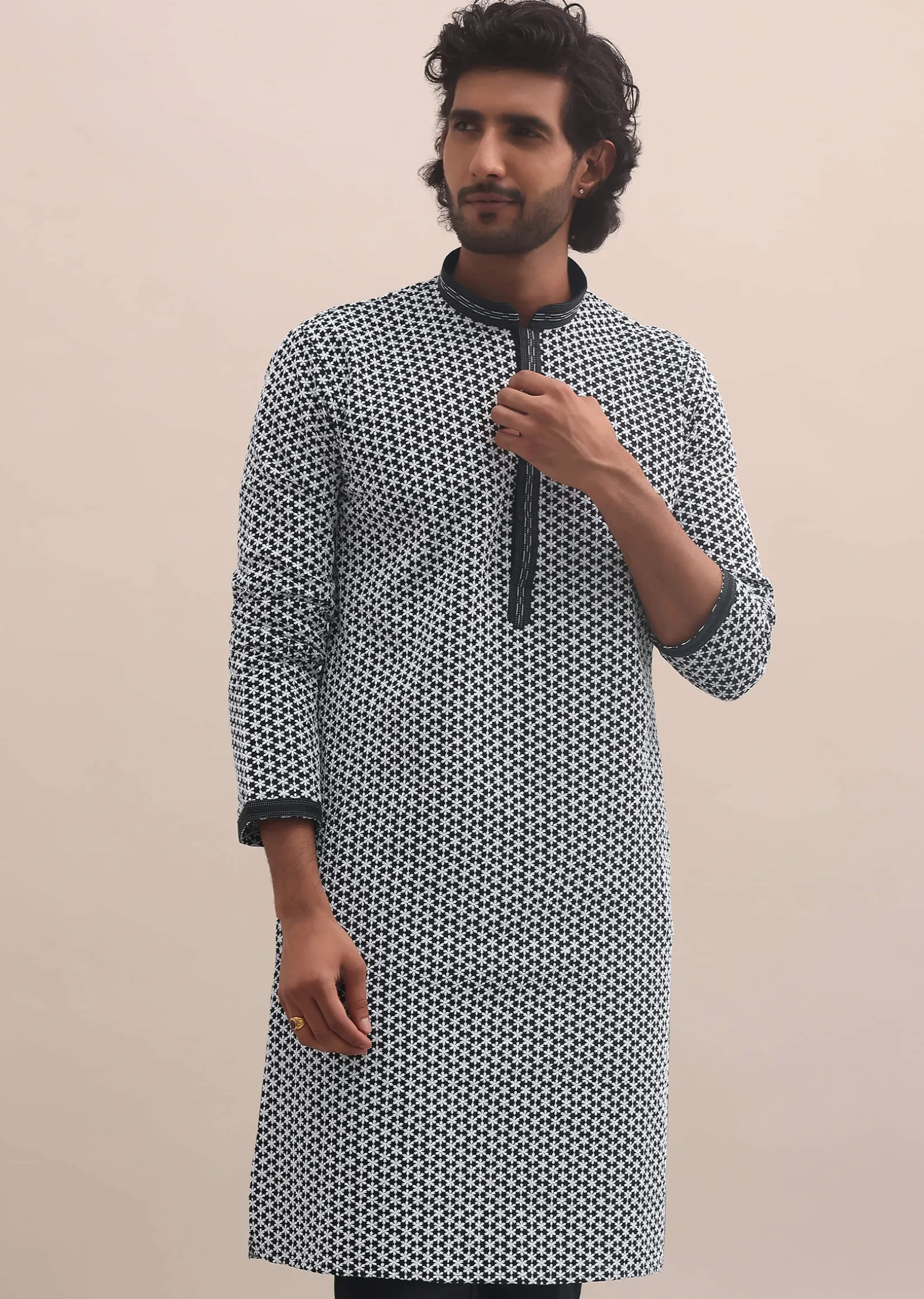 Black And White Lucknowi Cotton Kurta Set For Men