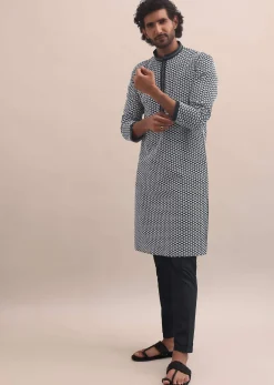 Black And White Lucknowi Cotton Kurta Set For Men