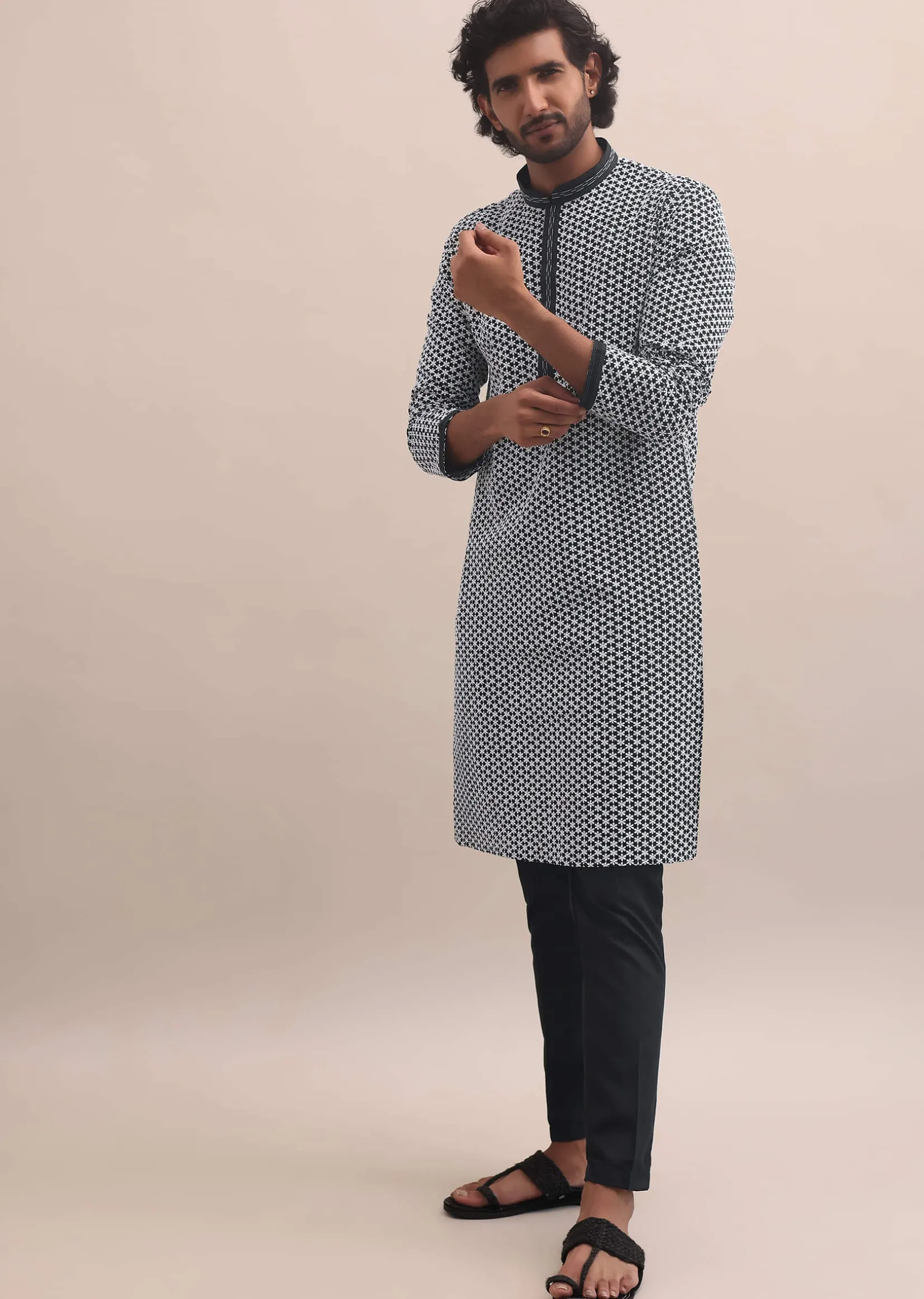 Black And White Lucknowi Cotton Kurta Set For Men