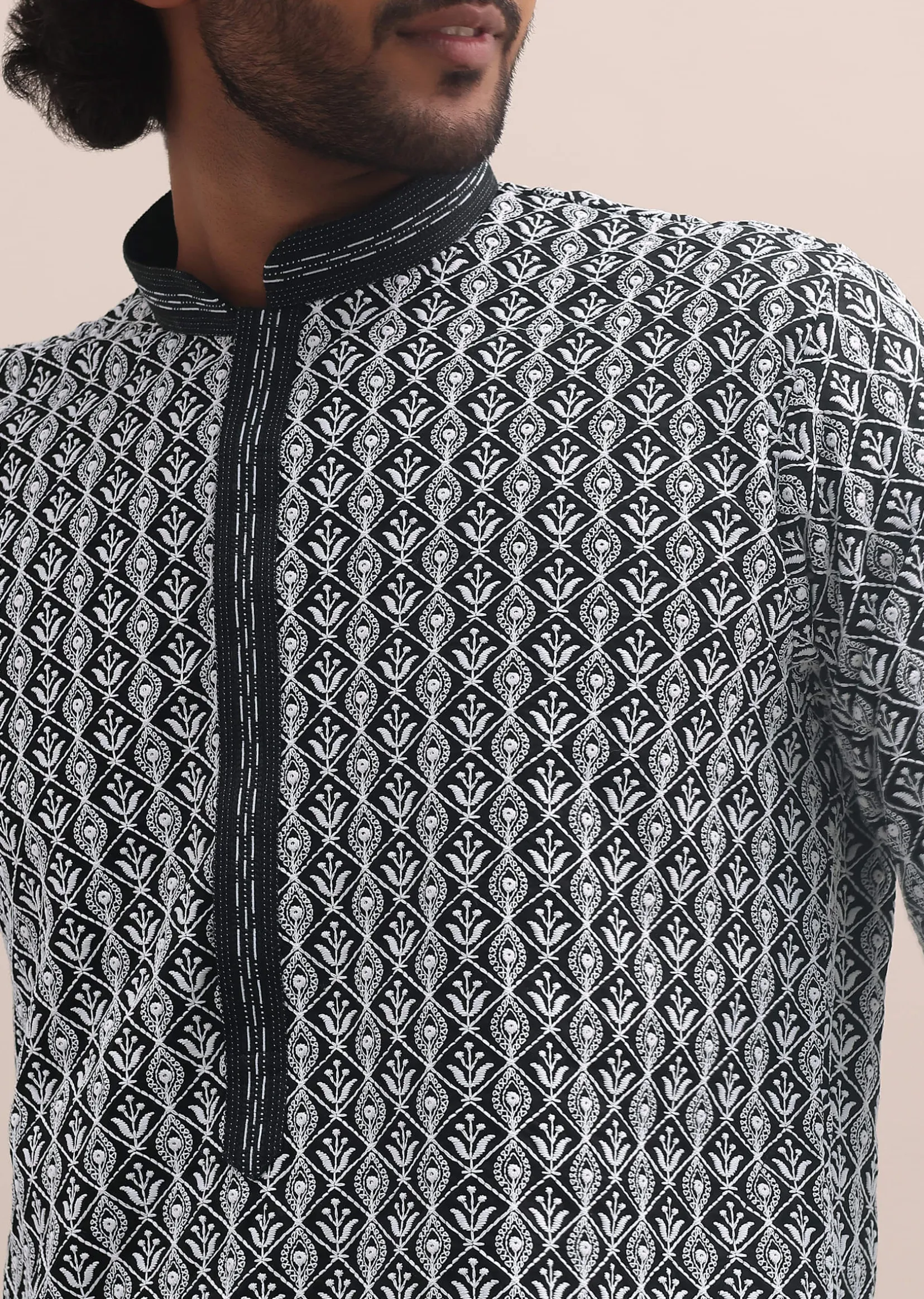 Black And White Lucknowi Cotton Kurta Set For Men