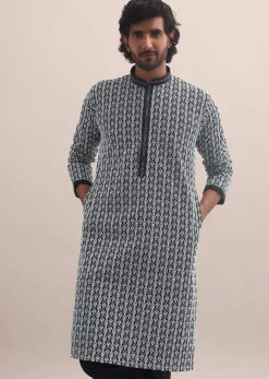 Black And White Lucknowi Cotton Kurta Set For Men
