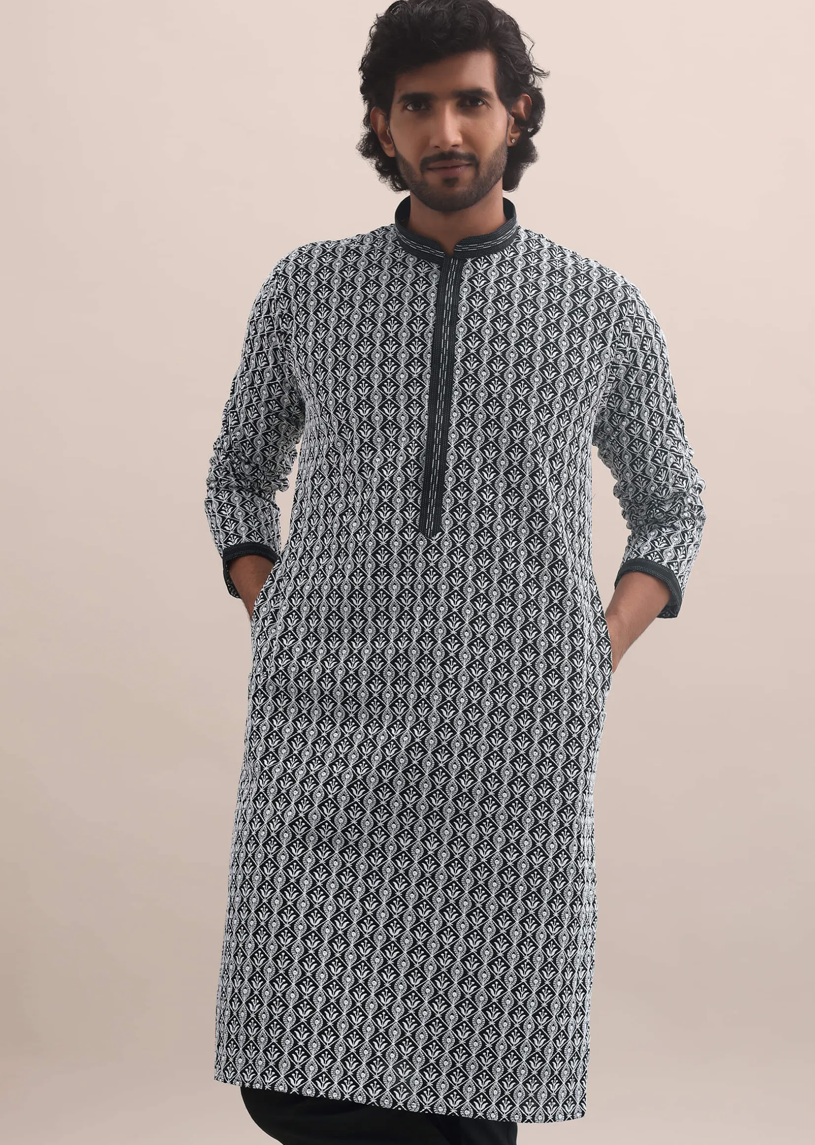 Black And White Lucknowi Cotton Kurta Set For Men