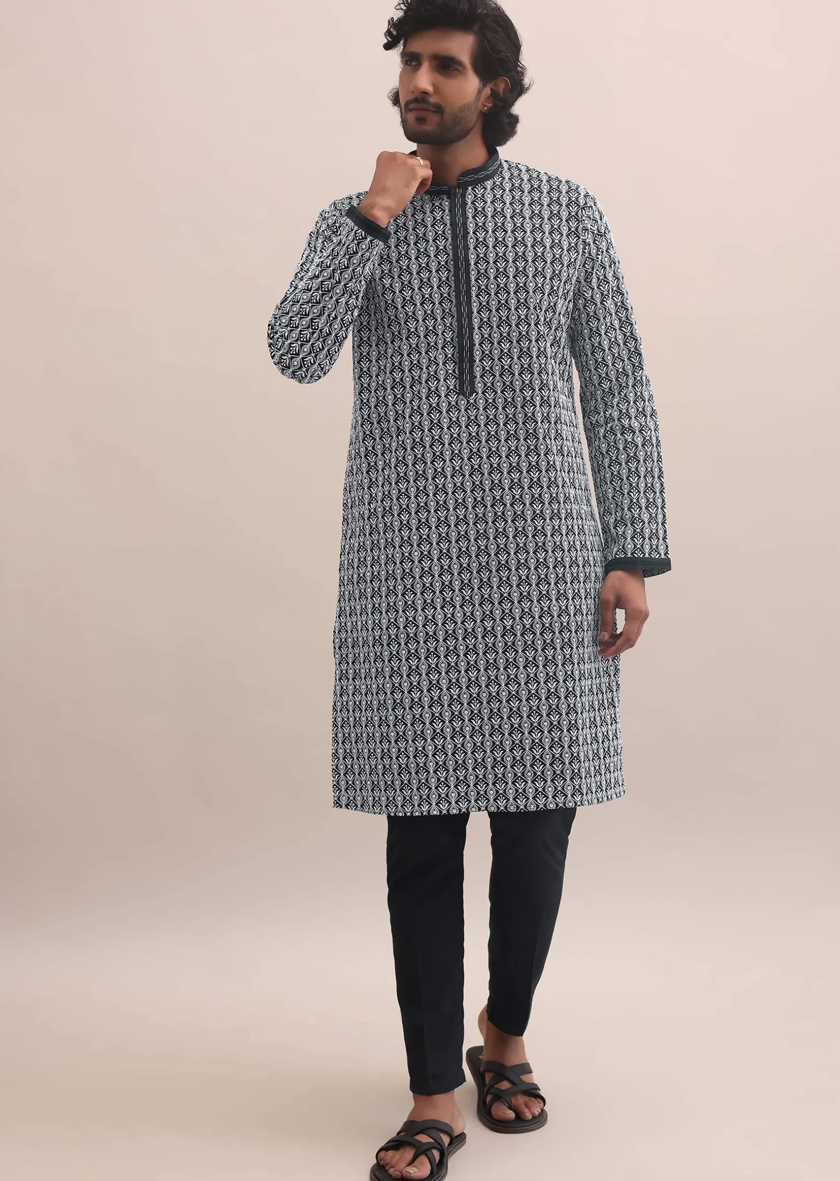Black And White Lucknowi Cotton Kurta Set For Men