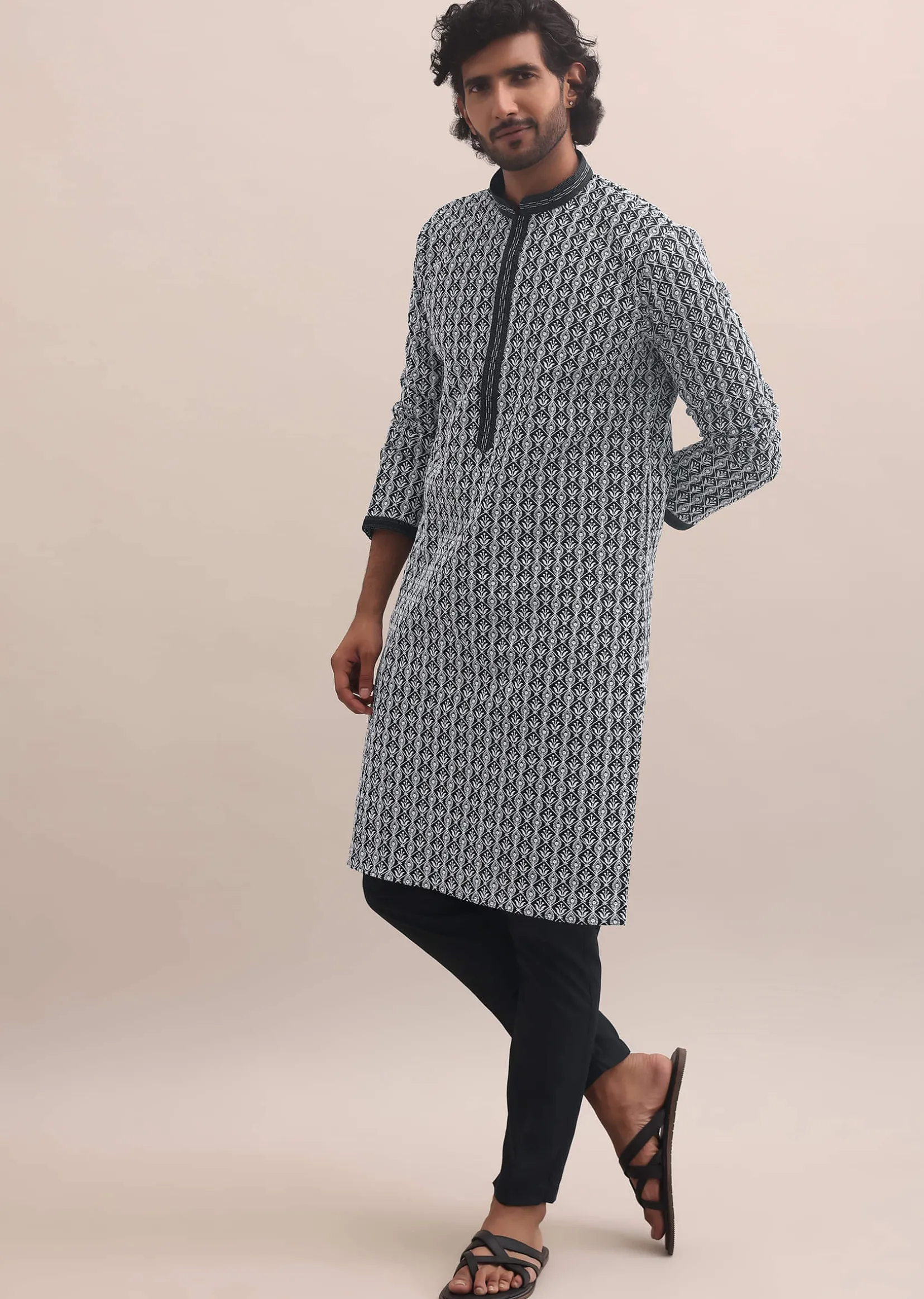 Black And White Lucknowi Cotton Kurta Set For Men