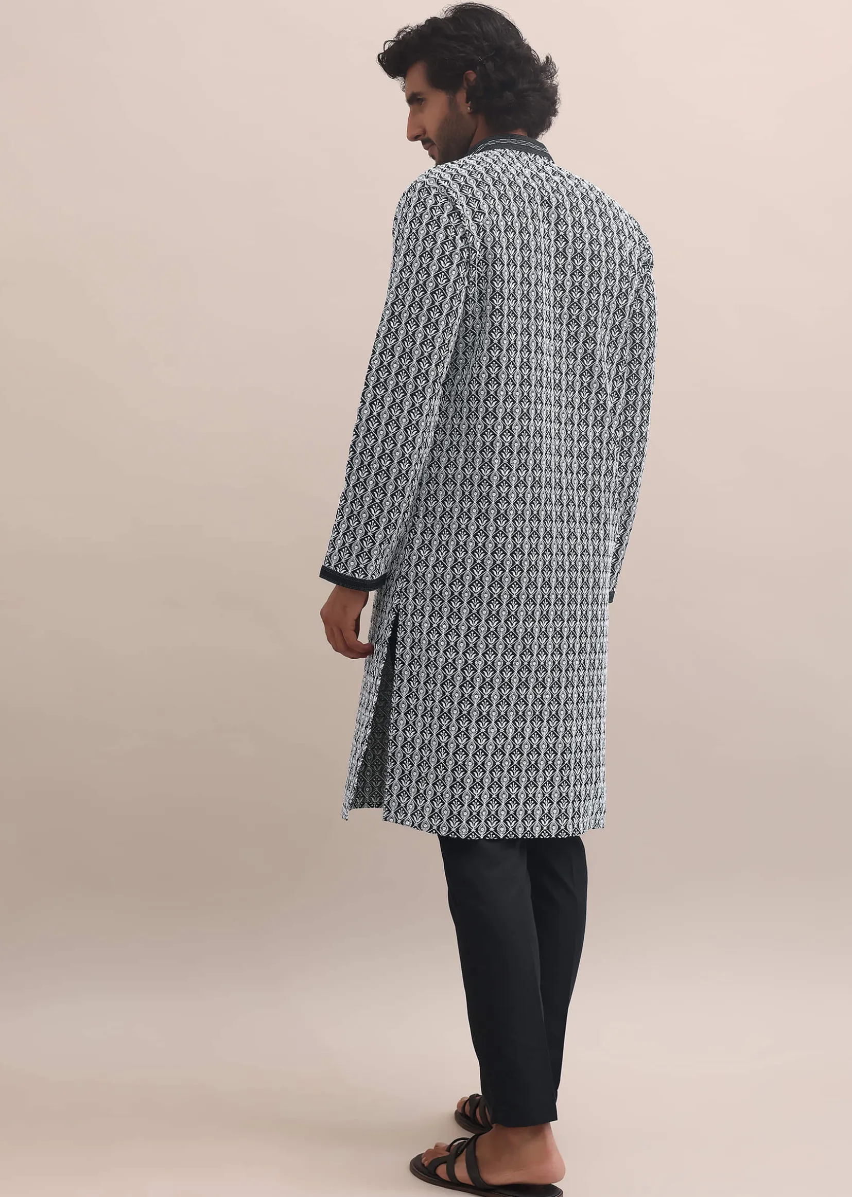 Black And White Lucknowi Cotton Kurta Set For Men