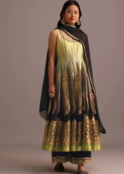 Black And Yellow Embroidered Kurti Palazzo Set With Organza Dupatta