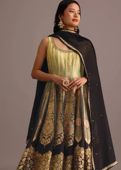 Black And Yellow Embroidered Kurti Palazzo Set With Organza Dupatta
