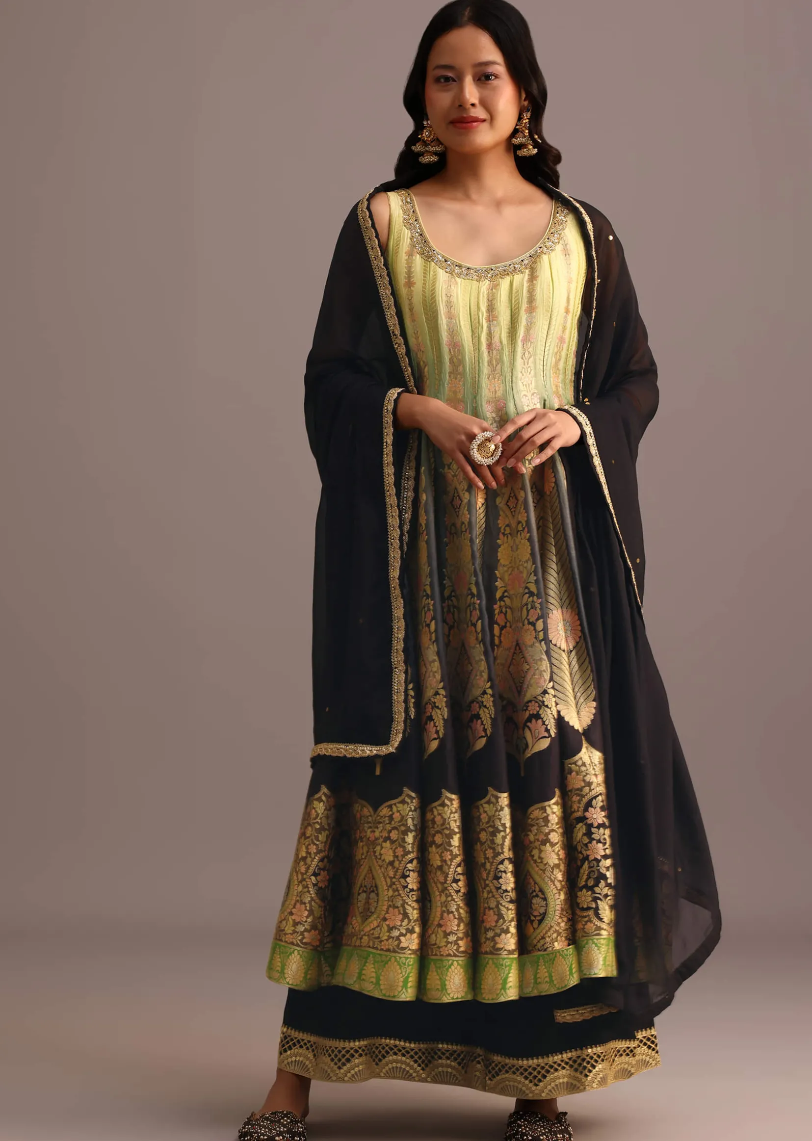 Black And Yellow Embroidered Kurti Palazzo Set With Organza Dupatta