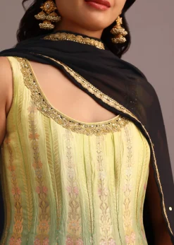 Black And Yellow Embroidered Kurti Palazzo Set With Organza Dupatta