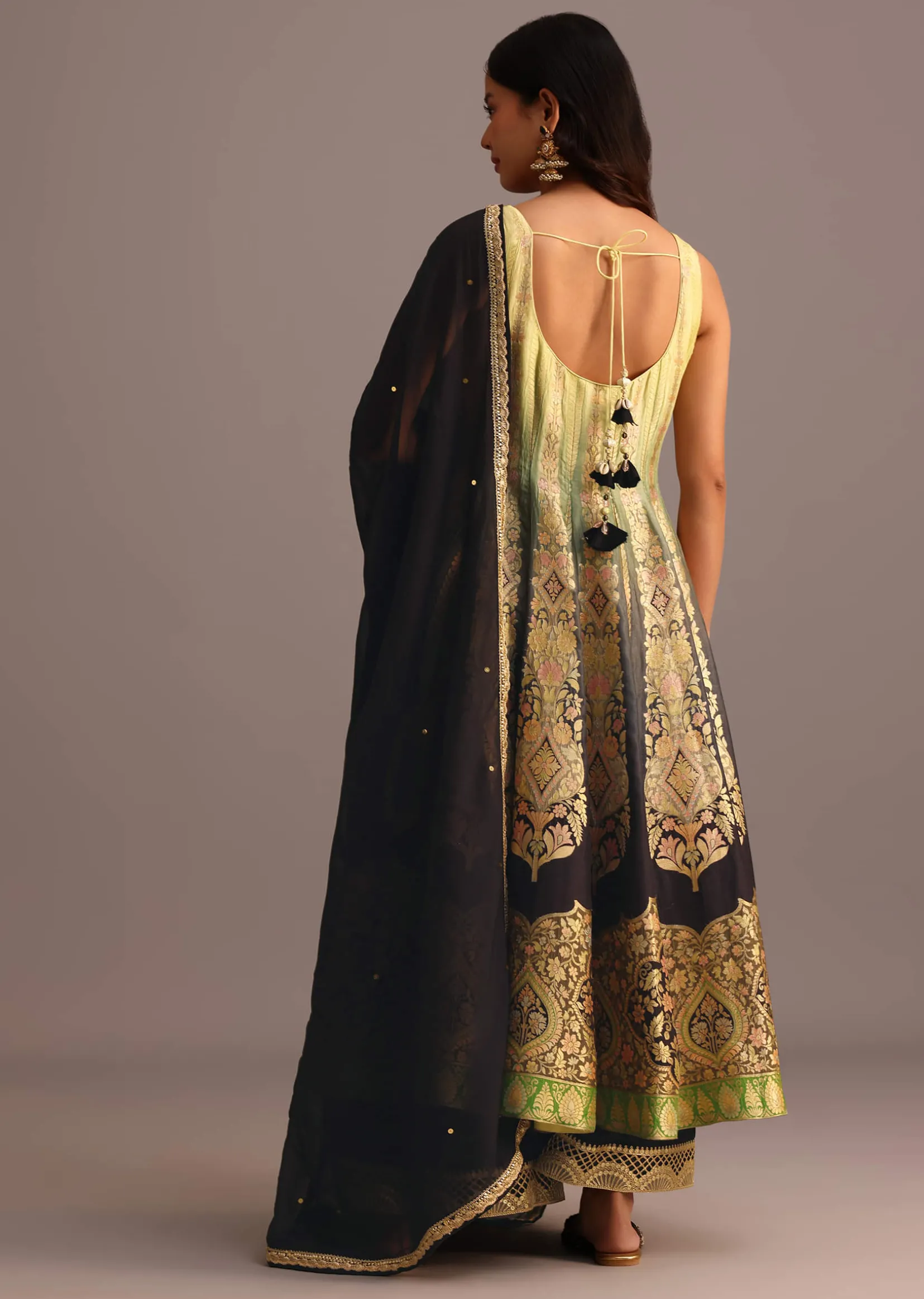 Black And Yellow Embroidered Kurti Palazzo Set With Organza Dupatta