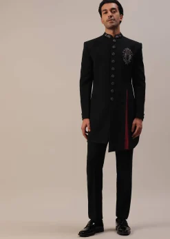 Black Asymmetric Indowestern With French Knots