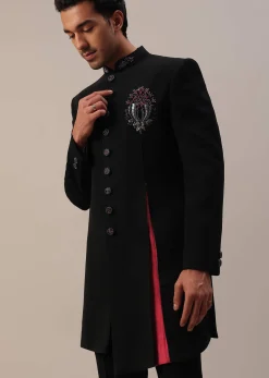 Black Asymmetric Indowestern With French Knots