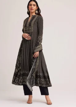 Black Bagru Printed Anarkali Set With Dupatta