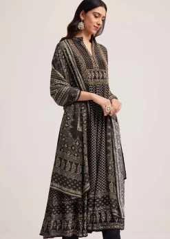 Black Bagru Printed Anarkali Set With Dupatta