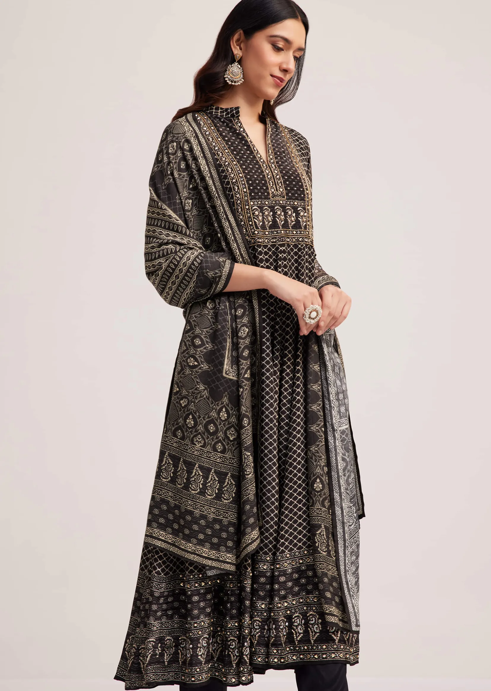 Black Bagru Printed Anarkali Set With Dupatta