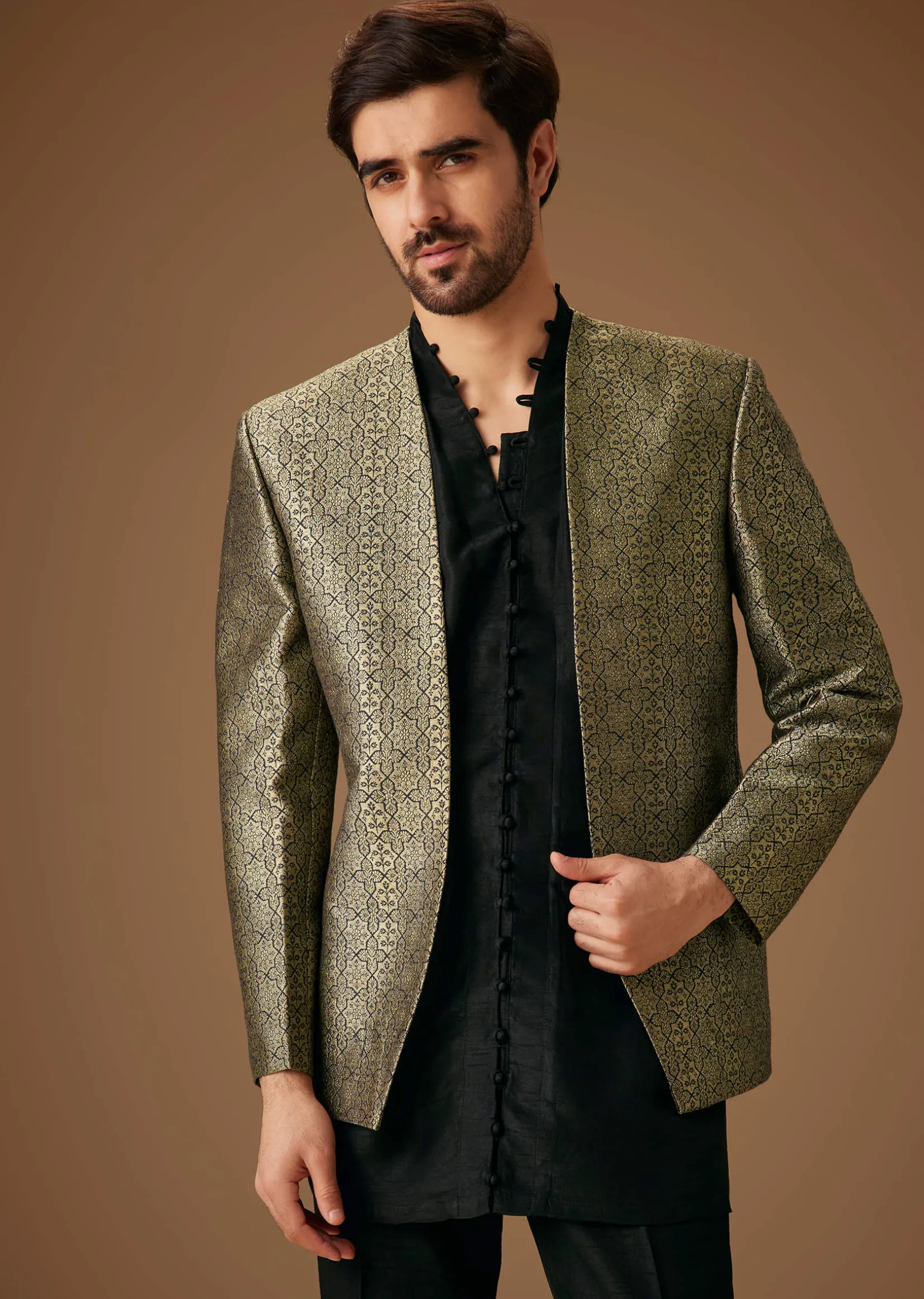 Black Banarasi Silk Indowestern Bandi Set