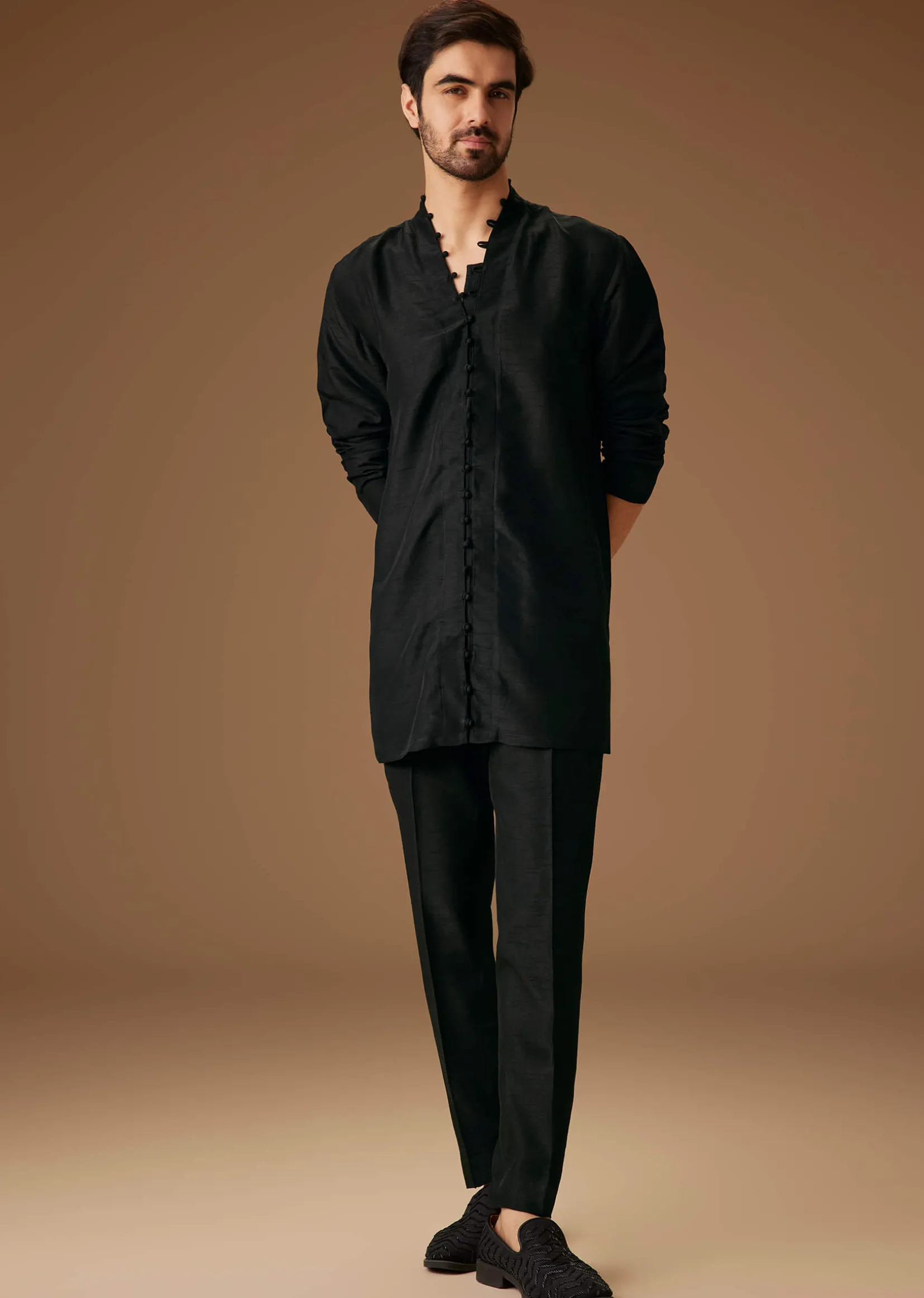 Black Banarasi Silk Indowestern Bandi Set