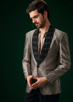 Black Banarasi Silk Tuxedo With Cut Dana And Crystal Embroidery