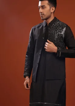 Black Bandi Jacket Set In Mysore Silk With Mirror Embroidery