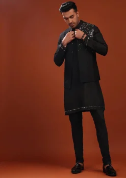 Black Bandi Jacket Set In Mysore Silk With Mirror Embroidery
