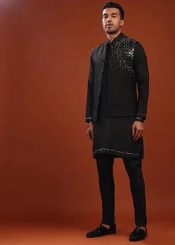 Black Bandi Jacket Set In Mysore Silk With Mirror Embroidery
