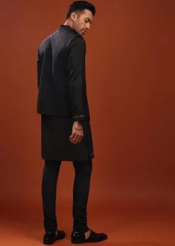Black Bandi Jacket Set In Mysore Silk With Mirror Embroidery