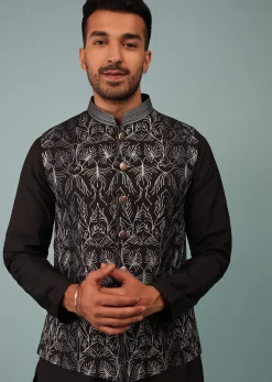 Black Bandi Jacket Set In Silk With Resham And Zari Aari Embroidery