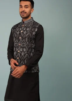 Black Bandi Jacket Set In Silk With Resham And Zari Aari Embroidery