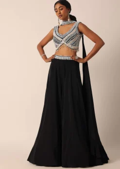 Black Bead Embellished Blouse And Palazzo Set